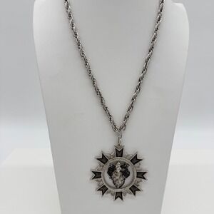 Vintage Whiting & Davis Silver Tone Chain Necklace Large Crest Pendant Bold